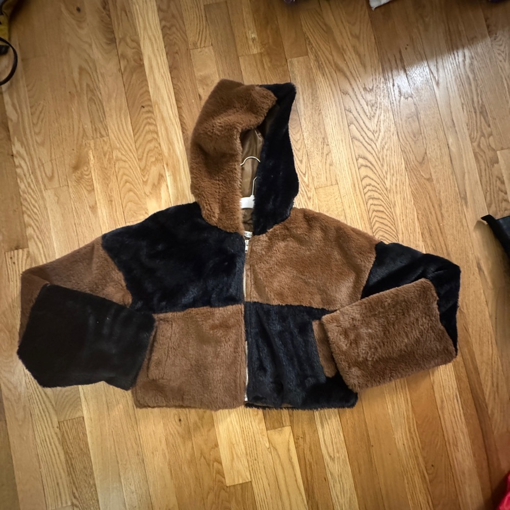 Cropped Brown and Black Faux Fur Jacket